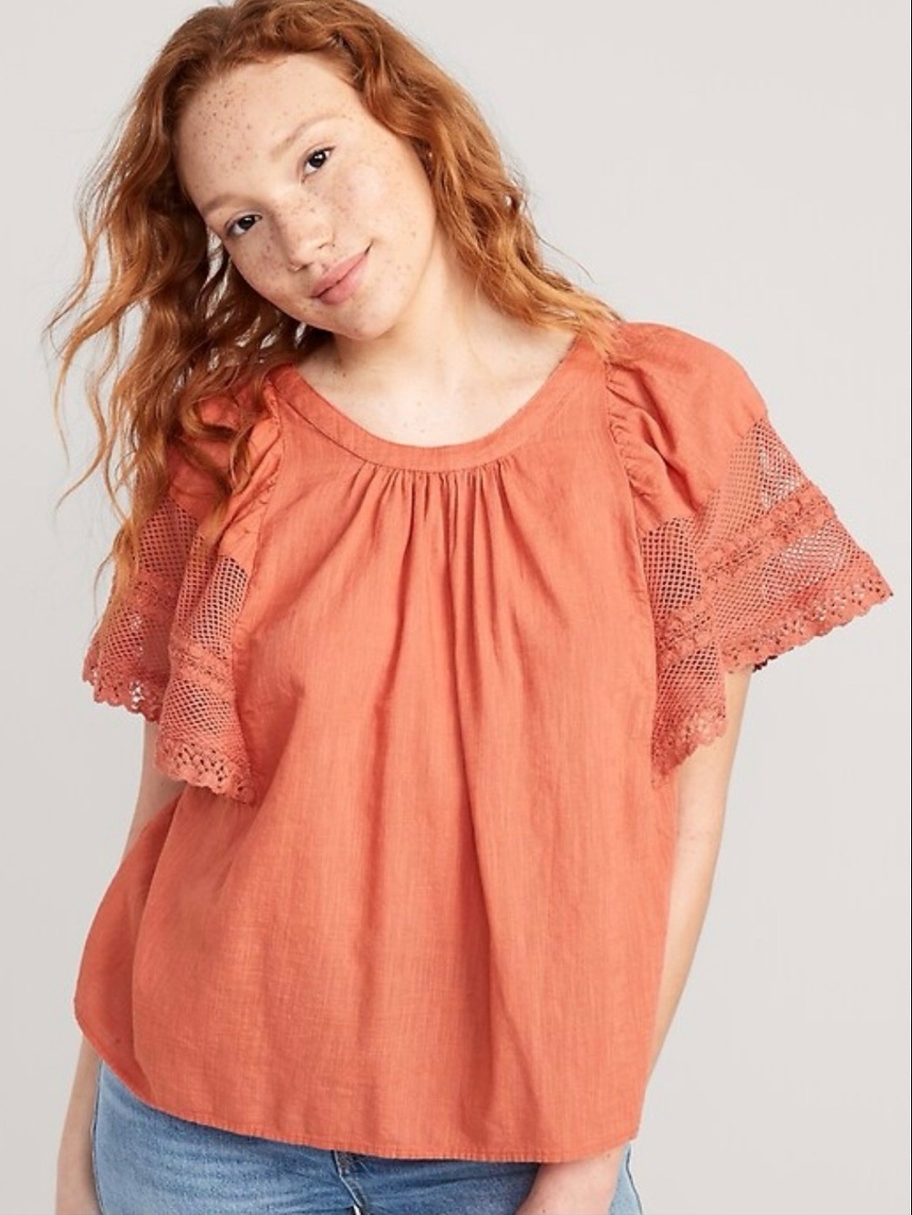 Old Navy Women’s Crochet Flutter Sleeve Swing Top 100% Cotton Rust Orange XS
